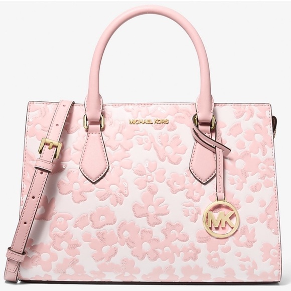 Michael Kors Sheila Medium Sequined Floral Satchel Bag Powder Blush Multi - Picture 1 of 12